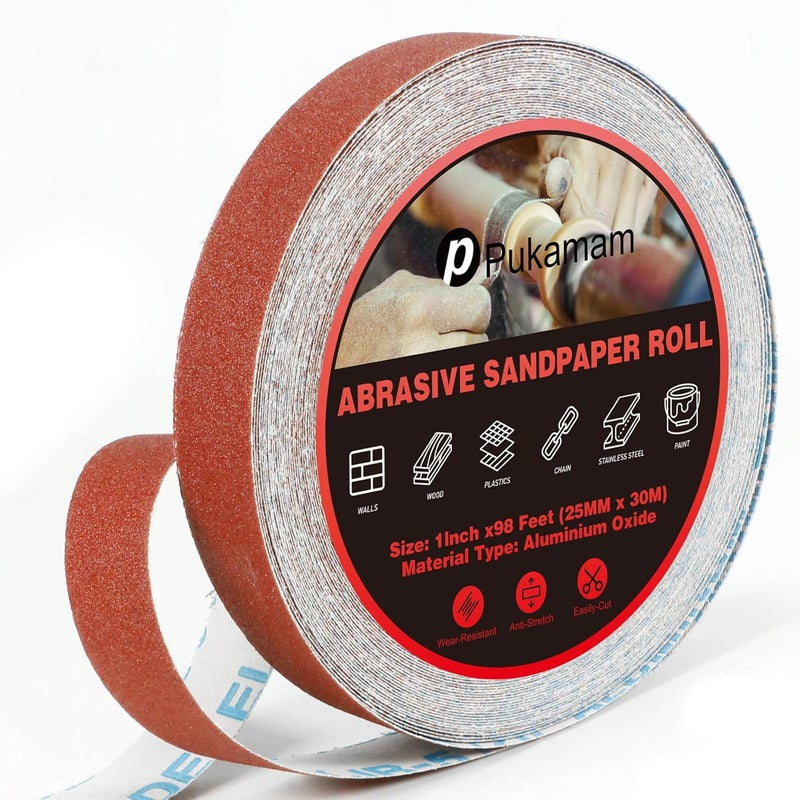 Pukamam Emery Cloth Roll, 120 Grit Sandpaper Roll, 1" x 98 Feet Long Red Continuous Sand Paper Roll, Wet and Dry Emory Cloths for Metal, Polishing and Surface Treatment of Wood,Furniture - Image 1